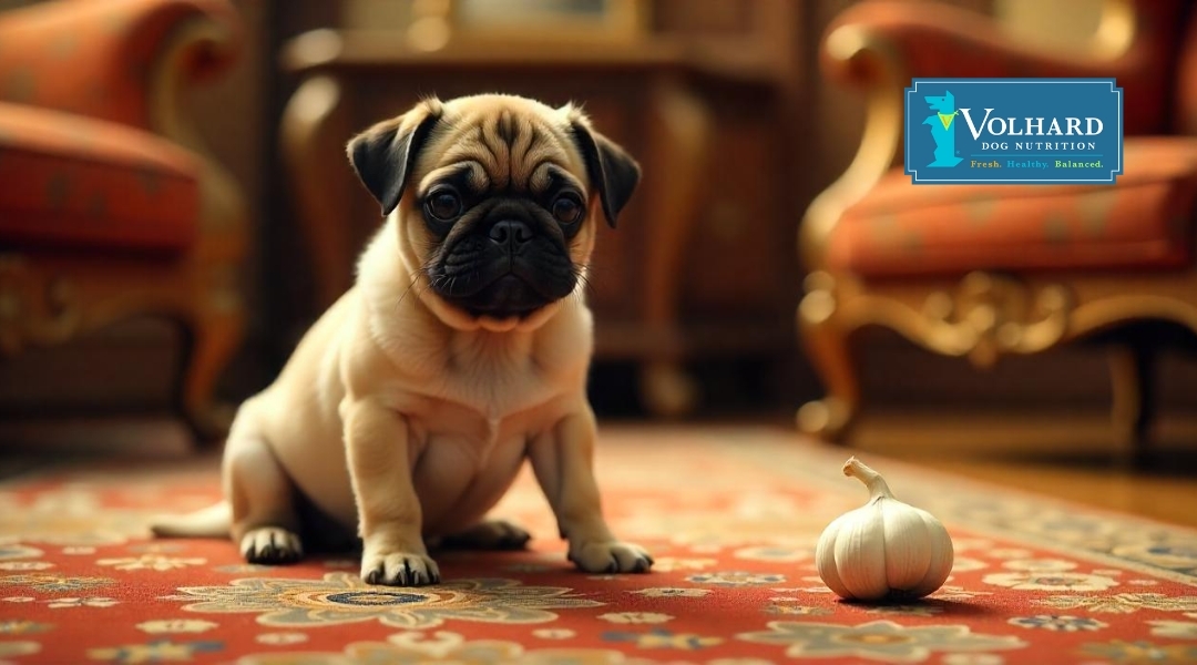 A pug sits on a patterned rug beside a garlic bulb, appearing unsure, evoking the confusion surrounding garlic’s safety in dog diets.