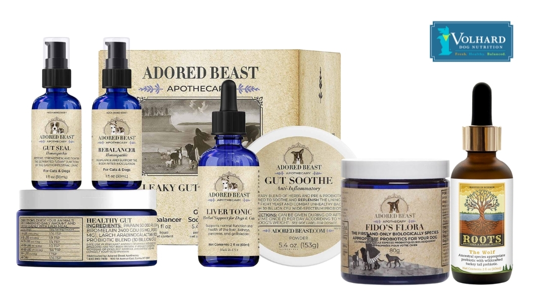 A variety of pet wellness products from Adored Beast Apothecary, including supplements for gut health, liver tonic, and anti-inflammatory products, with a focus on holistic dog care.